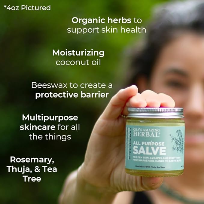 Ora's Amazing Herbal All Purpose Salve, Natural Healing Ointment, Tea Tree Oil Skin Balm, Comfrey Calendula Thyme Plantain, Hand Salve, Rash Cream, Dry Skin Repair, Itch Relief, 1 oz Glass Jar