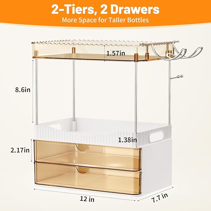 Bathroom Counter Organizer with Hairdryer Holder, 2-Tier 2-Drawer Shower Organizer for Skincare, Makeup Cosmetics, 5-Section Large Capacity Vanity Organizer, Bathroom Decor (Amber)