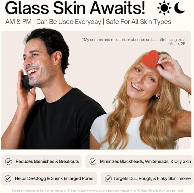 Heart Face Clean Pro⁺ - Electric Silicone Facial Scrubber for Acne with 7000+ Sonic Pulses - IPX7 Waterproof Rechargeable Exfoliator with Slip-Free Grip, 3 Speed Settings & Phthalate-Free - Arctic