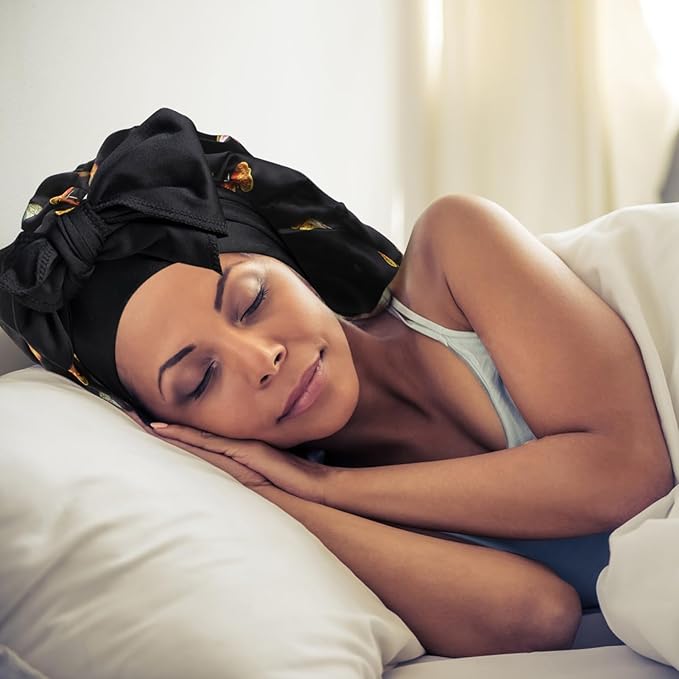 Arqumi Pack of 2 Satin Sleeping Bonnet, Large Sleep Bonnet, Long Strap, Adjustable Sleep Cap Hair Bonnet with Butterfly Pattern, Black+Pink