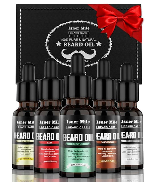 ISNER MILE Beard Oil Kit Stocking Stuffers: Gifts for Men Him Dad Boyfriend, Mustaches Conditioner - Soften - Strength with Sandalwood, Bay Rum, Vanilla, Cologne, Unscented, Beard Grooming and Care