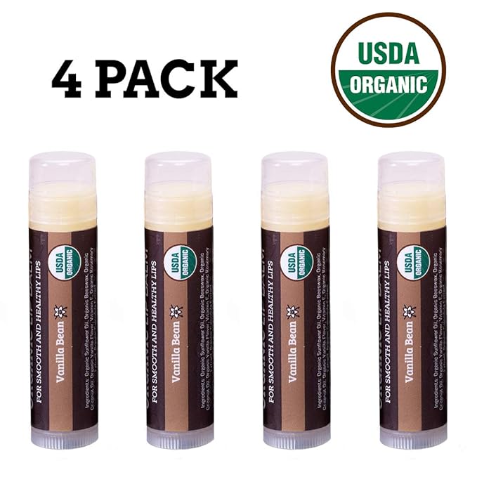 Earth's Daughter USDA Organic Lip Balm 4-Pack Vanilla Flavor - Beeswax, Coconut Oil, Vitamin E - Best Lip Repair Chapstick for Dry Cracked Lips.