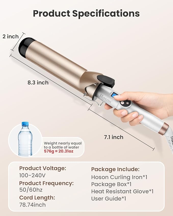 Hoson Curling Iron 2 Inch Large Barrel for Big Curls, Ceramic Curling Iron Wand for Long Hair,Dual Voltage, 10 Temp with LCD Display
