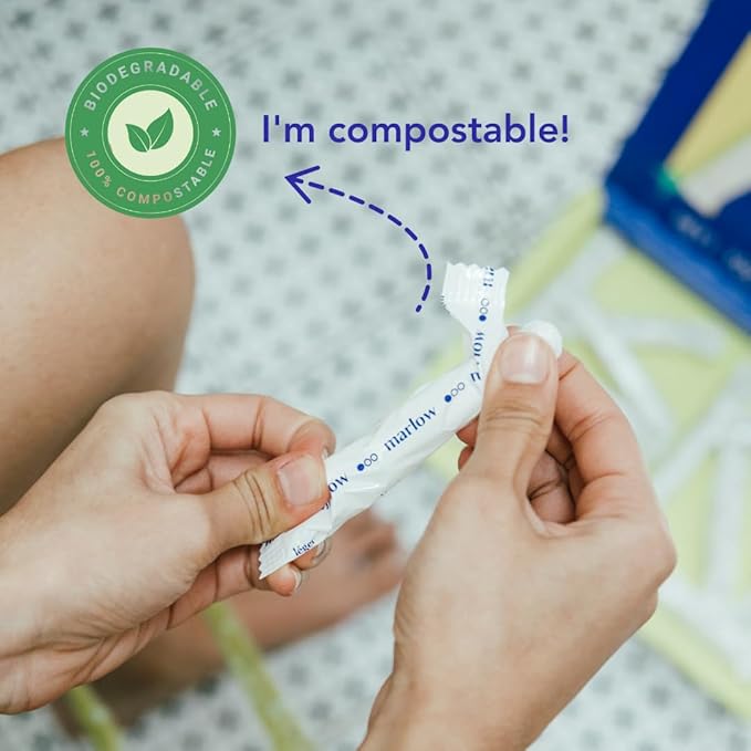 Marlow 100% Organic Cotton Easy Glide Tampons with Compact Plant Based BPA Free Applicator, Chlorine Free, Toxin Free, Hypoallergenic, Dermatologically Tested, Fragrance Free, Light, 18 Count