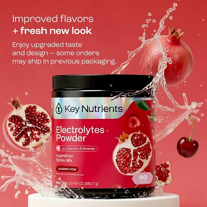 KEY NUTRIENTS Multivitamin Electrolytes Powder No Sugar - Sweet Cherry Pom Electrolyte Powder - Endurance & Energy Supplement - Hydration Powder - No Calories - 90 Servings - Made in USA