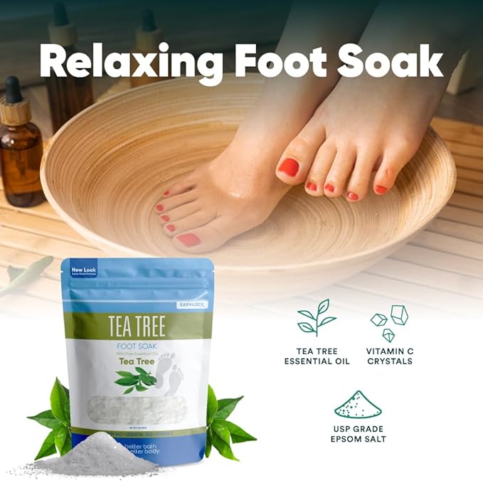 Tea Tree Foot Soak 32 Ounces (2 Lbs) USP Grade Epsom Salt with Natural Tea Tree Essential Oil Plus Vitamin C in BPA Free Pouch with Easy Press Lock Seal Made in USA DIY Home Spa Foot Care