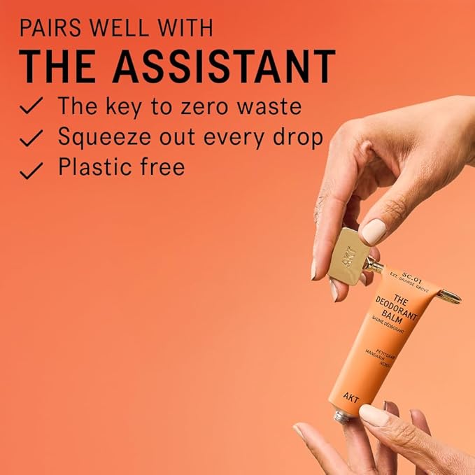 AKT, THE DEODORANT BALM. Award winning, multi-use, natural deodorant. Plastic Free. Gender Free. Aluminium Free. 100% effective — 1 tube lasts up to 3 months. SC.01 ORANGE GROVE. 50ml/1.76 FL.OZ
