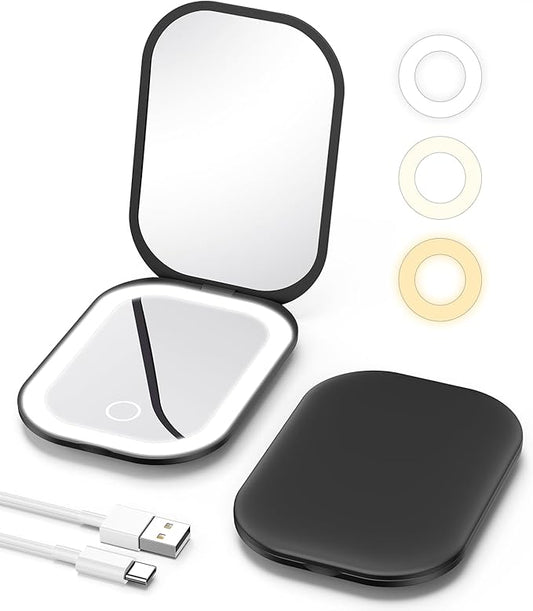 Gospire Lighted Compact Mirror with Light and Magnification 1X/3X, Stepless Dimming and Three-Color Adjustable Lights, Rechargeable Battery and Small Mirror for Purse and Travel - Black