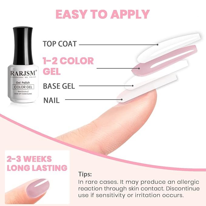 RARJSM Sheer Pink Gel Nail Polish Clear Pink GelPolish Natural Transparent French Manicure Shimmer Pigment Jelly Nail Gel Varnish Curing Requires Single Bottle 15ml for Home Salon Nail Art DIY