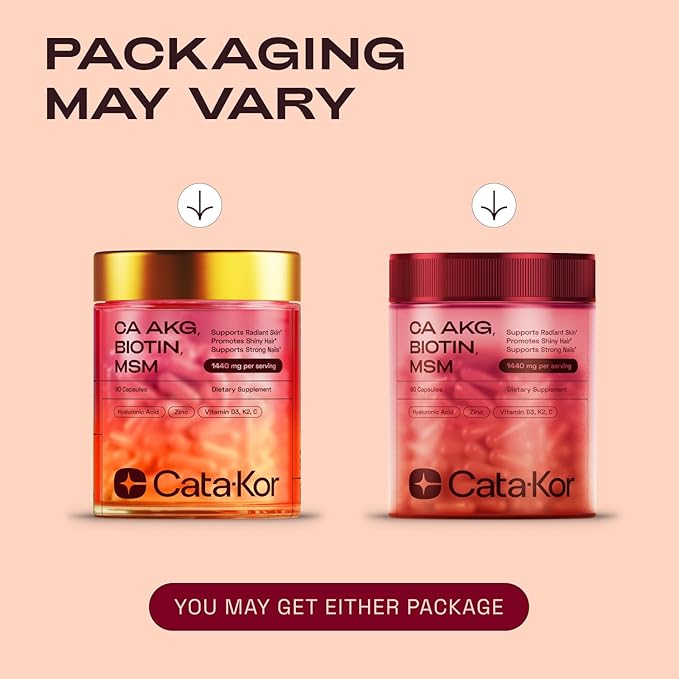 Cata-Kor Hair Skin and Nails Supplement with Biotin | Ca AKG | MSM | Hyaluronic Acid | Vitamin C & Vitamin D3 K2 – Hair Growth Supplements - Promotes Shiny Hair & Radiant Skin – 180 Capsules (2 Pack)