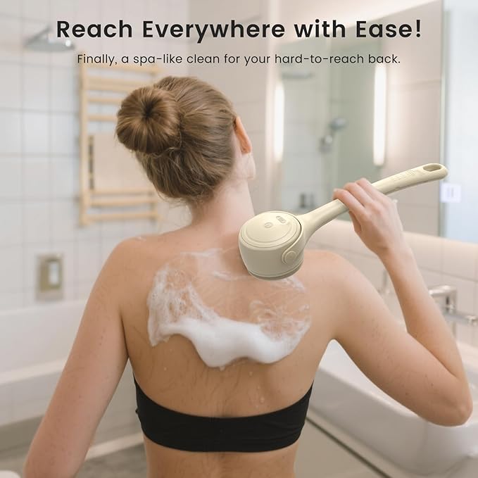 Electric Back Scrubber for Shower - Waterproof Rechargeable Exfoliating Brush for Deep Cleansing, Soft Bristles for Sensitive Skin, Dry/Wet Use for Back, Arms & Legs