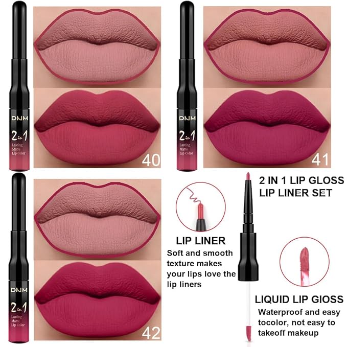 evpct 3Pcs Mauve pink Berry pink Rose red Lip Stain Paint Matte Lip Liner and Lipstick Set Long Lasting labiales matte mate larga duracion listip 24 hour a prueba de agua mate 24 horas originales