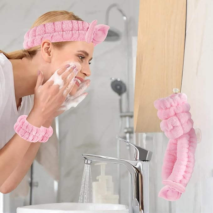 Face Wash Headband Set with Microfiber Wristbands and Holder - Absorbent Spa Wrist Scrunchies for Cleansing