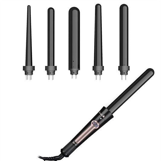 Curling Iron, Curling Wand Set, Instant Heat Up Hair Curler with Interchangeable Tourmaline Ceramic Barrels 0.35" to 1.25" (Black, Curling Wand (0.35-1.25 Inch))
