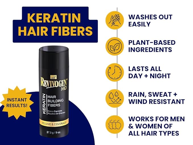 Revivogen MD Keratin Hair Building Fibers, Hairline Powder, Hair Fibers, Hair Fibers for Thinning Hair, Hair Fiber Spray, Thick Fiber for Hair Men and Women, Hair Filler, .9oz, Black