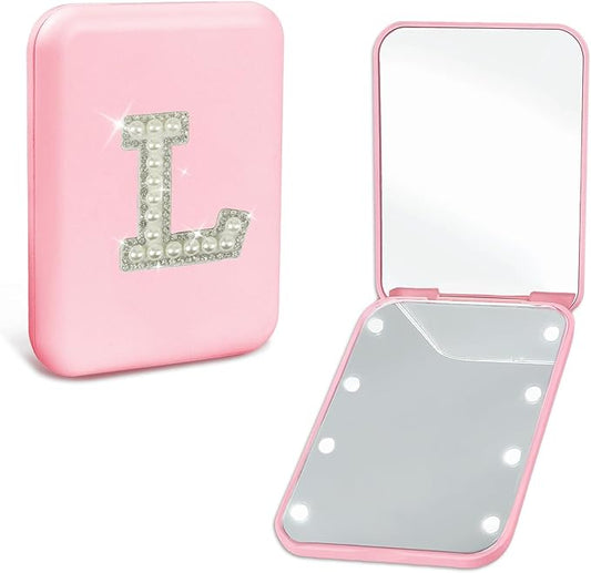 Personalized Birthday Graduation Gifts for Teen Girls Her Pearl Initial Pink Travel Compact Mirror with Lights Portable 1X/2X Magnification 2-Sided Mini LED Pocket Makeup Mirror for Purse (L)