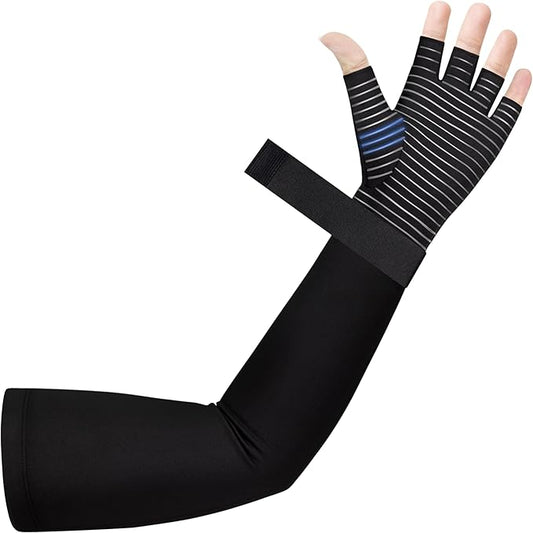 Copper Long Compression Arthritis Glove with Wrist Strap (1 Pcs), 20-30 mmHg Lymphedema Compression Arm Sleeve with Gauntlet, Fingerless Graded Pressure Full Arm and Hand Support for Men Women