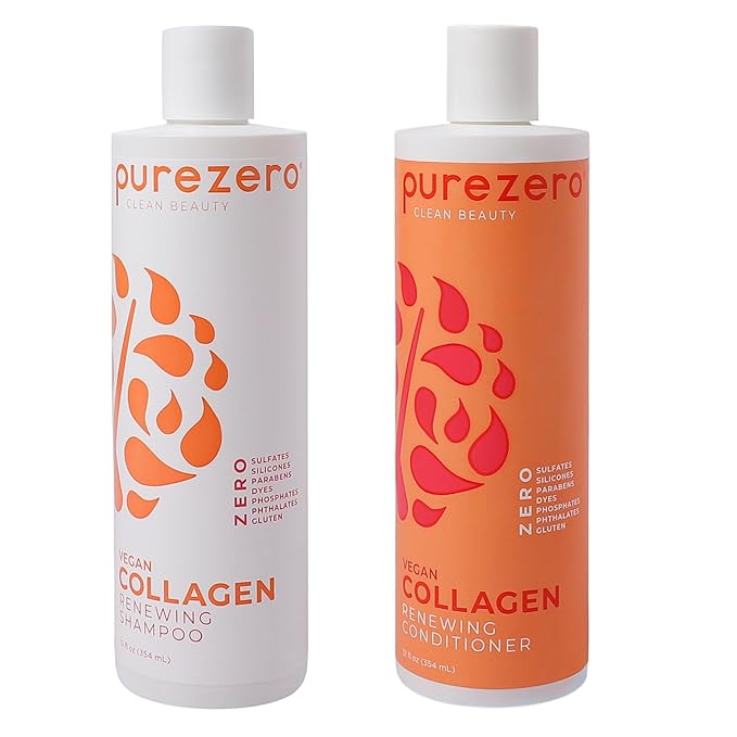 Purezero Collagen Silicone Free Shampoo & Conditioner Set - Strengthening & Hydrating - Duo for Dry or Damaged Hair – Plant-Based Collagen, Sulfate-Free, Paraben-Free, Cruelty-Free, 2 × 12 oz