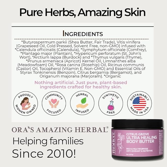 Ora's Amazing Herbal Ultra Healing Body Butter, Intensive Moisturizer For Dry Skin, Marjoram & Bergamot Essential Oil, 8 oz, Citrus Grove Scent