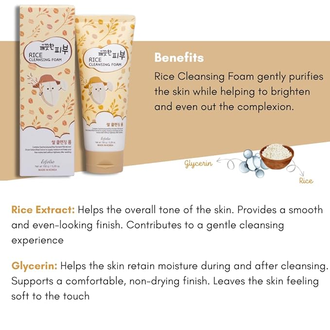 esfolio Rice Cleansing Foam Face Wash – Gentle Daily Facial Cleanser with Soft Creamy Foam – Suitable for All Skin Types – Helps Remove Dirt, Oil, and Impurities Without Drying (5.29oz -150g)