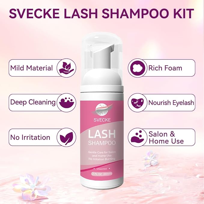 Lash Shampoo Kit, 2 fl.oz / 60ml Eyelash Cleanser, Eyelash Shampoo for Lash Extensions, Lash Cleaning Kit with Lash Fan Dryer, Eyelash Remover for Salon and Home Use
