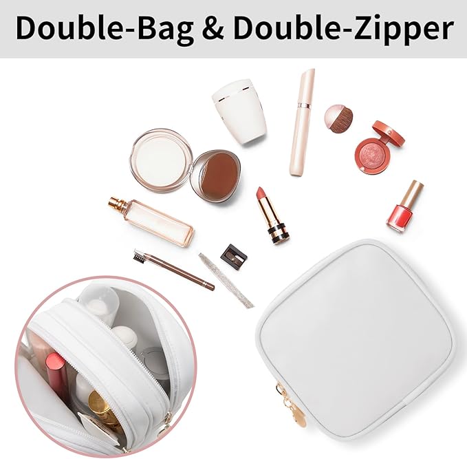 2PCS Small Makeup Pouch, Double Zipper Cosmetic Bag, Travel Makeup Bag, Cute Makeup Bag for Purse, Mini Toiletry Bag (White+Pink)