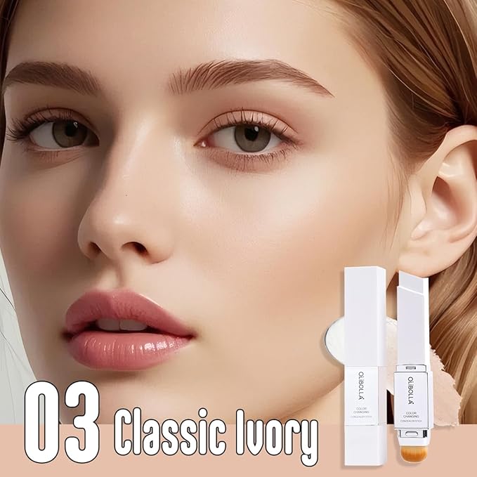 2 in 1 Color-Changing Foundation Stick, Weightless, Skin fit, Satin Glow Finish, Coverage Finish Base Makeup - Dual-Ended with Brush (03#Classic Ivory)