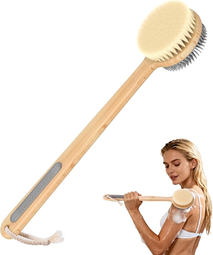 Back Scrubber for Shower - Double-Sided Silicone and Super-Dense Bristles for Deep Cleaning & Exfoliation, Bamboo Long Handle with Wider Anti-Slip Grip, Body Exfoliator for Wet or Dry Brushing