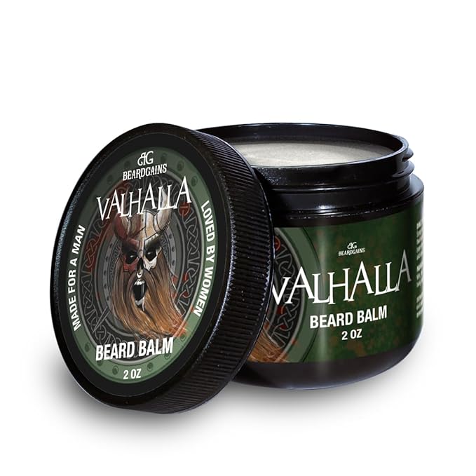 Beard Gains Medium Butter Hold Scented Balm for Men 2oz | Valhalla Luxury Vikings Conditioner | Style, Groom & Grow Facial Hairs W/Organic and Natural Product | MADE IN USA