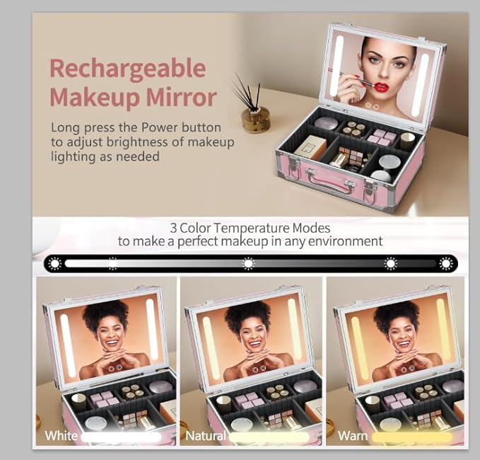 Travel Makeup Case with LED Mirror - Hard Shell Pink Travel Makeup Bag with Mirror - Portable Makeup Organizer with Mirror, Vanity Case for Cosmetics, Adjustable Divider