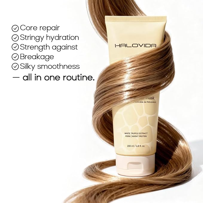 HALOVIDA Hair Mask for Damaged Hair, Silk Mallow Hair Mask Includes Olive Oil & White Truffle - Deep Conditioning Treatment for Permed, Color Treated, Strengthens, Repairs Frizz, 6.8 fl oz