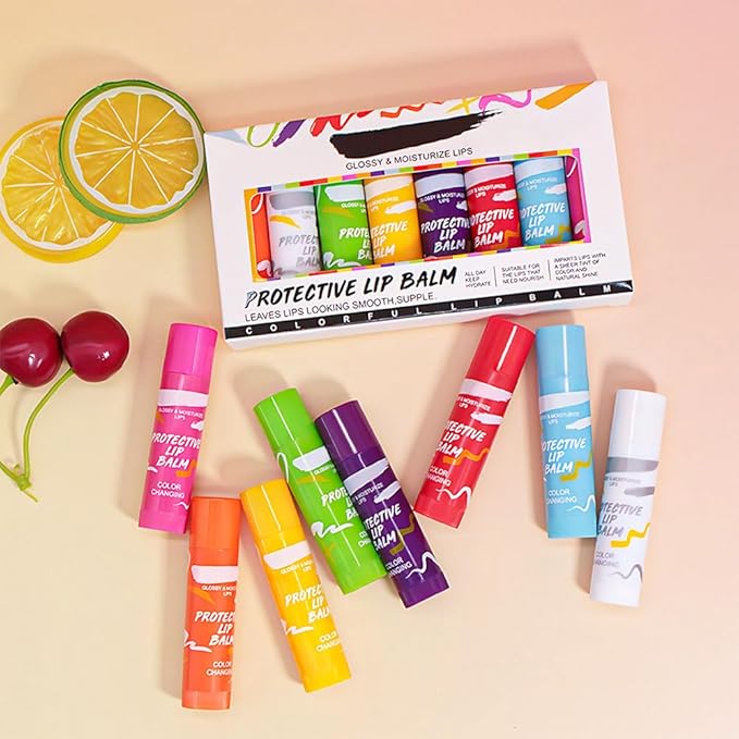 evpct 8Pcs Color Changing Tinted Lip Balm Lipstick Gloss Set, Long Lasting Waterproof Fruit Ultra Moisturizing Repairing Lip Care for Dry, PH Mood Permanent Color Changing Lipstick Lip Balm for Women