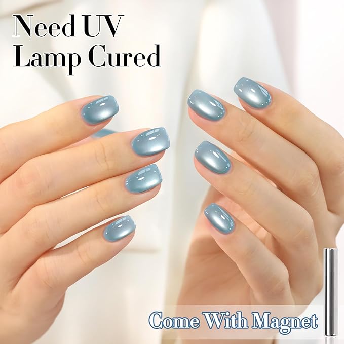 Double Rhythm Jelly Glass Cat Eye Gel Polish with Magnet 15ML Holographic Glitter Shimmer Translucent Sheer Color Magnetic Nail Polish Salon DIY at Home (Mist Blue-MC1222)