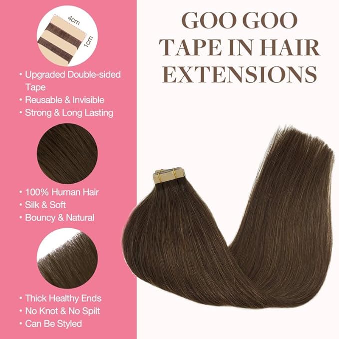 GOO GOO Tape in Hair Extensions Human Hair, 4A Chocolate Brown, 20inch 30g 10pcs, Skin Weft Seamless Invisible, Silky Straight with Thick Ends, Remy Human Hair