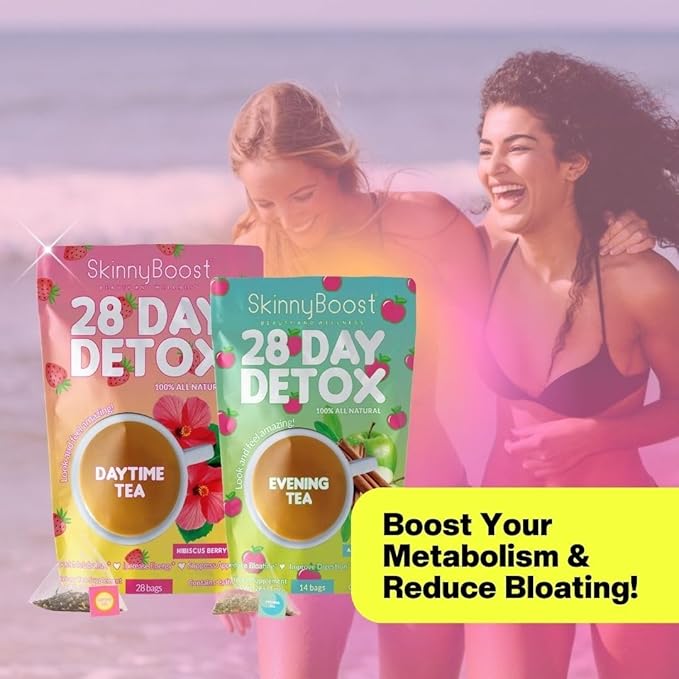 Skinny Boost Detox Tea Kit Slimming Tea for Weight, Metabolism, Energy, Bloating & Colon Cleanse – Green Tea, Herbal, Vegan, Keto, Non-GMO, Sugar-Free-2 PACK –1 Daytime Hibiscus (28 Bags) + 1 Evening Apple -(14 Bags)
