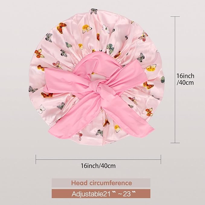 Arqumi Pack of 2 Satin Sleeping Bonnet, Large Sleep Bonnet, Long Strap, Adjustable Sleep Cap Hair Bonnet with Butterfly Pattern, Black+Pink