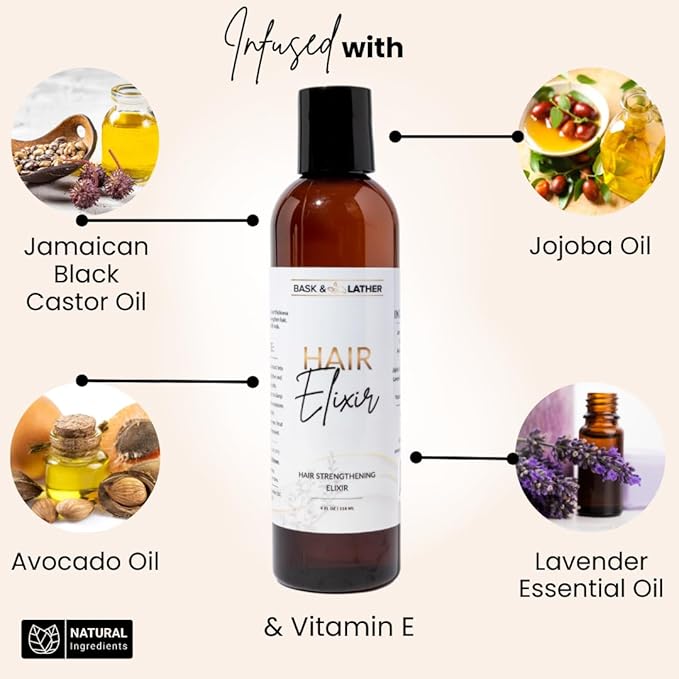 BASK & LATHER Hydrating Hair Mist (8 oz) & Elixir Oil (4 oz) Bundle — Leave-In Conditioner + Jamaican Black Castor Oil for Growth, Moisture, Detangling, Scalp Relief & Strength