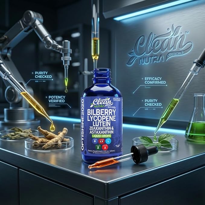 Clean Nutra Lutein and Zeaxanthin Eye Vitamins Supplement Lycopene Astaxanthin Bilberry Liquid Drops | Organic Astaxanthin Daily Lutein for Eyes Health Support Vitamin Minerals Extract | 60 Servings