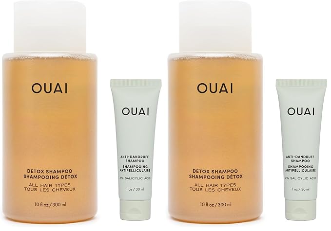 OUAI Detox Shampoo (10 fl oz) & Anti-Dandruff Deluxe Size (1 fl oz) Bundle - Soothing, Clarifying Shampoo Set for Dry, Flaky Scalp - Removes Dirt & Build Up (2 Count) (Pack of 2)