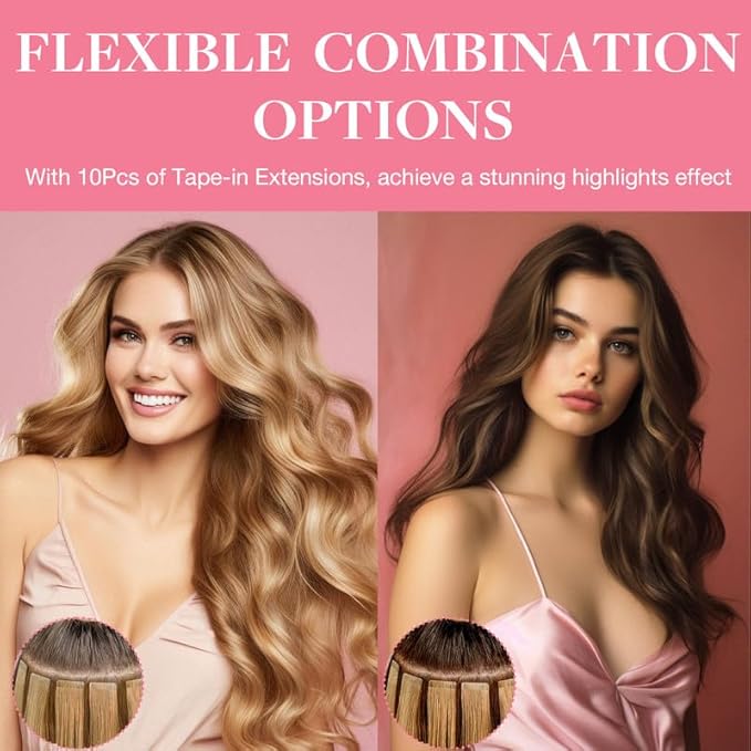 GOO GOO Tape in Hair Extensions Human Hair, 16/22 Light Blonde Highlighted Golden Blonde, 14inch 25g 10pcs, Skin Weft Seamless Invisible, Silky Straight with Thick Ends, Remy Human Hair