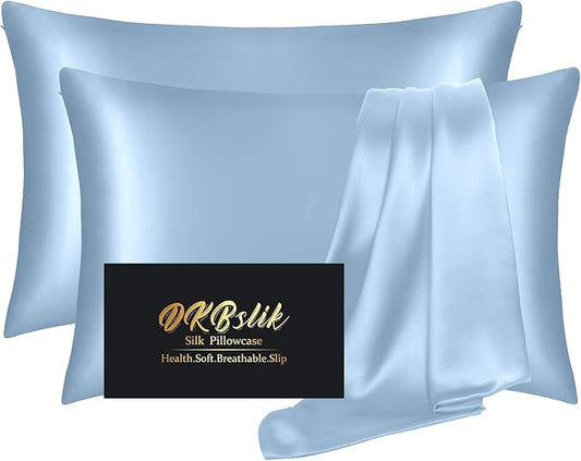 Silk Pillow Cases 2 Pack, Mulberry Silk Pillowcases Standard Set of 2, Health, Anti Acne,Beauty Sleep, Both Sides Natural Silk Satin Pillow Cases for Women 2 Pack with Zipper for Gift, Haze Blue