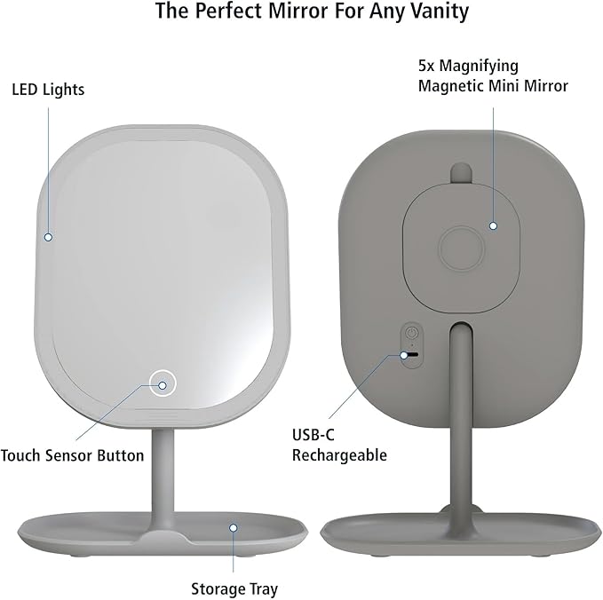 Rechargeable LED Makeup Mirror with Lights, 5X Magnifying & Storage Tray | Touch Control Vanity Mirror for Desk, Compact Makeup Mirror with Adjustable Brightness