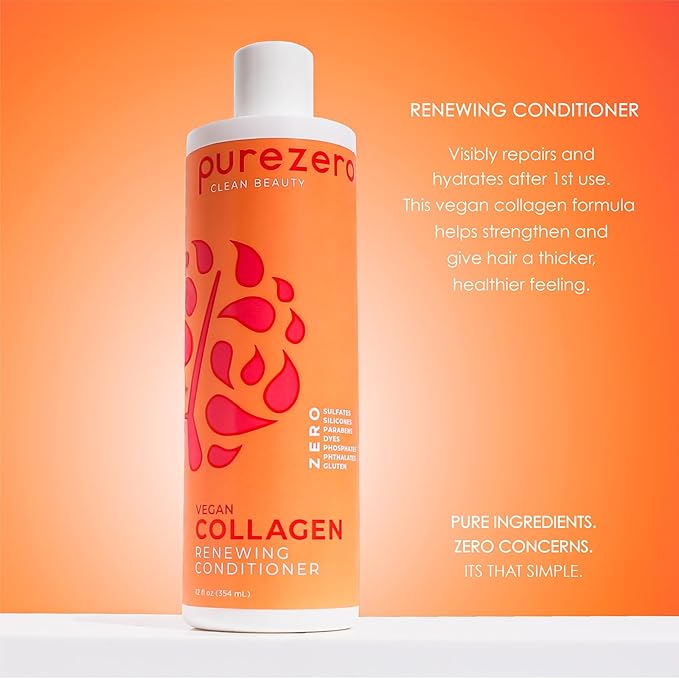 Purezero Collagen Silicone Free Shampoo & Conditioner Set - Strengthening & Hydrating - Duo for Dry or Damaged Hair – Plant-Based Collagen, Sulfate-Free, Paraben-Free, Cruelty-Free, 2 × 12 oz