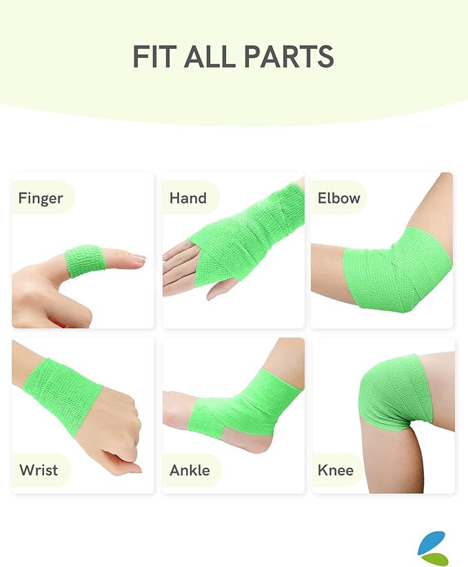 FriCARE Self Adhesive Bandage Wrap, Medical Tape in First Aid Kit, Cohesive Bandages for Wounds Sport Vet, 2 Inches X 5 Yards 6 Rolls, Fluorescent Green