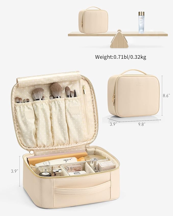 Vlando Travel Makeup Bag, Makeup Bag Organizer,Gift Ideas for Women Girls,Makeup Storgae Bag with Dividers and Handle,Gifts for Christmas,Birthday,Wedding Beige