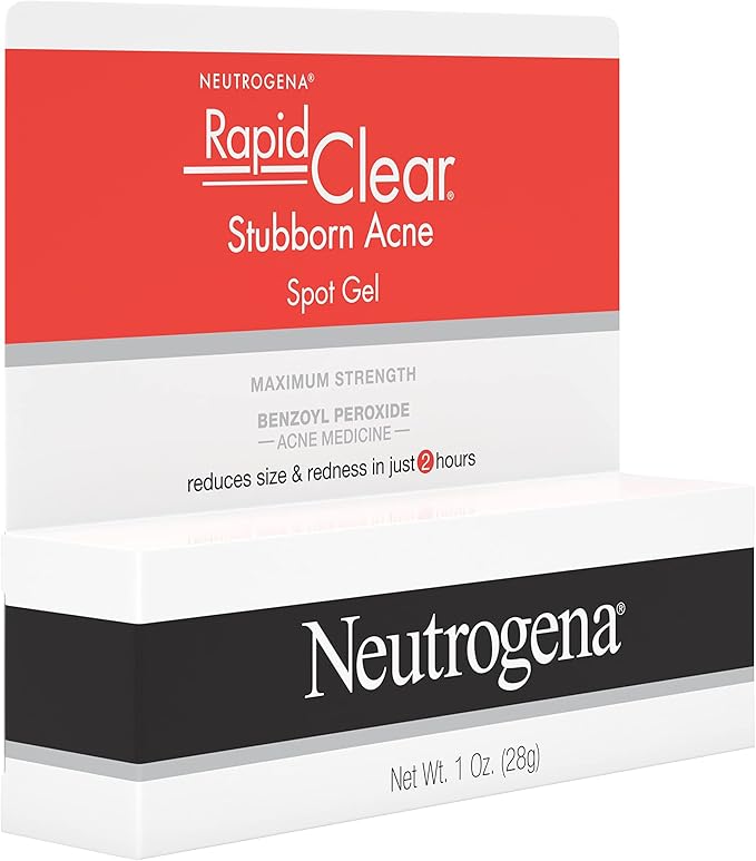 Neutrogena Rapid Clear Stubborn Acne Spot Treatment Gel, Maximum Strength 10% Benzoyl Per-oxide Treatment Medication for Acne Prone Skin, Pimple Cream Reduces Size & Redness, 1 oz