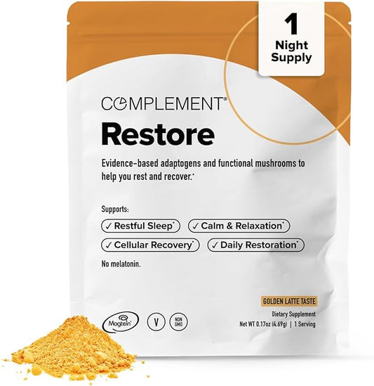Complement Restore Golden Latte - Calm Magnesium Powder, Deep Sleep Aid Drink - Reishi, Ashwagandha, Valerian & L-Theanine - Nighttime Recovery, Relaxation Adaptogens Mix - No Melatonin (1 Serving)