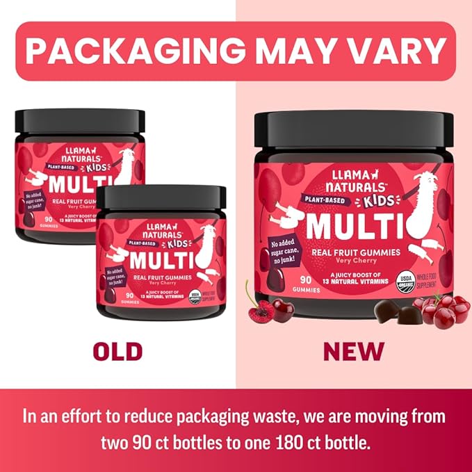 Llama Naturals Kids Multivitamin Gummies | Real Fruit, No Added Sugar Cane | Organic Vegan Toddler Whole Food Vitamins | Vitamin D, C & Beta Carotene Gummy Supplement | Cherry 180 Ct (2-3 Months)