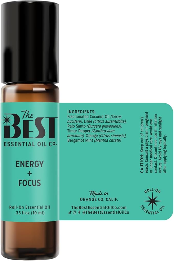 The Best Energy + Focus Essential Oil Roll-On Blend- Premium Grade- Pre-Diluted in Coconut Oil- Ready to Use- 10 ml (.33 fl oz)