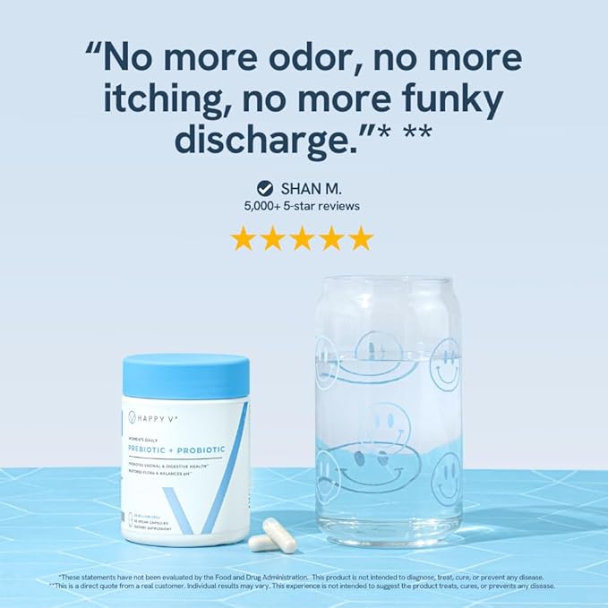 Happy V Dr. Formulated Vaginal Probiotics for Women Odor & Itch Support, Urinary & Gut Health, pH Balance | Womens Daily Probiotic with Patented Prebiotics & Lactobacillus for Feminine Wellness